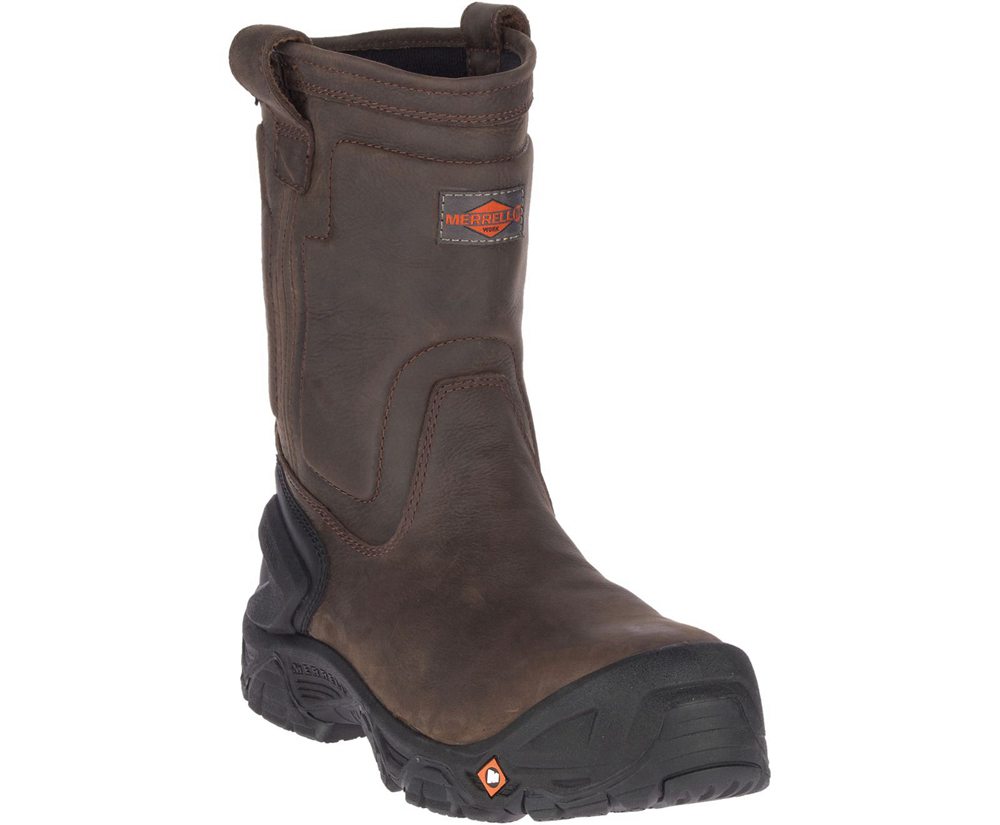 Botas Homem - Merrell Strongfield Couro Pull On Waterproof Comp Toe Wide Width - Marrom - HRO734209